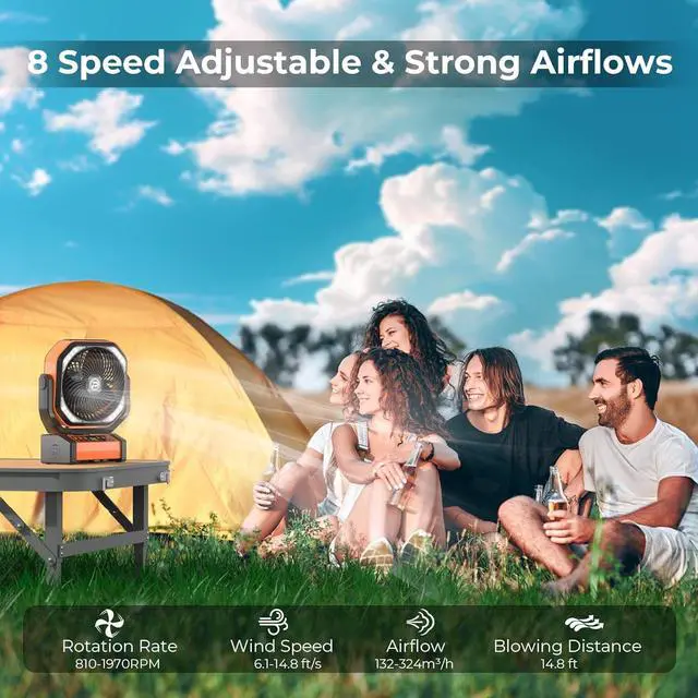 Alt view image 3 of 7 - Camping Fan with LED Lantern, 20000mAh Rechargeable Battery Fan, Max 112Hrs Running,8 Speeds, Digital Display,4 Timer,Auto-Oscillating Table Fan with Remote & Hook for Camping, Power Outage, Hurricane