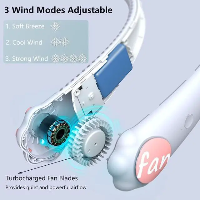 Alt view image 3 of 7 - Cartoon Hanging Neck Fan Portable, Mini USB Cat Claw Bladeless Fan, Hands Free Neckband Silent Fan, Air Cooler Wearable Fan for Sport Office Outdoor, Kids Girls Boys Women Gift White