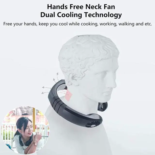 Alt view image 2 of 7 - Portable Summer Cooling Fan, Mini Sport Neck Hanging Fan Hands Free, USB Air Conditioner Wearable Fan, 3 Wind Speeds, Adjustable Neckband Fan for Outdoor Travel Camping Ideal Gift Black