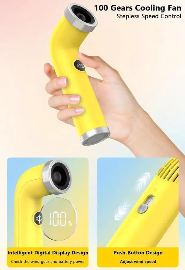 Alt view image 4 of 7 - Creative Portable Bladeless Handheld Fan, 1-100 Adjustable High Speeds, USB Rechargeable Small Desk Fan, Mini Personal Hand Fan with LED Display for Women Men Office Outdoor Travel Yellow