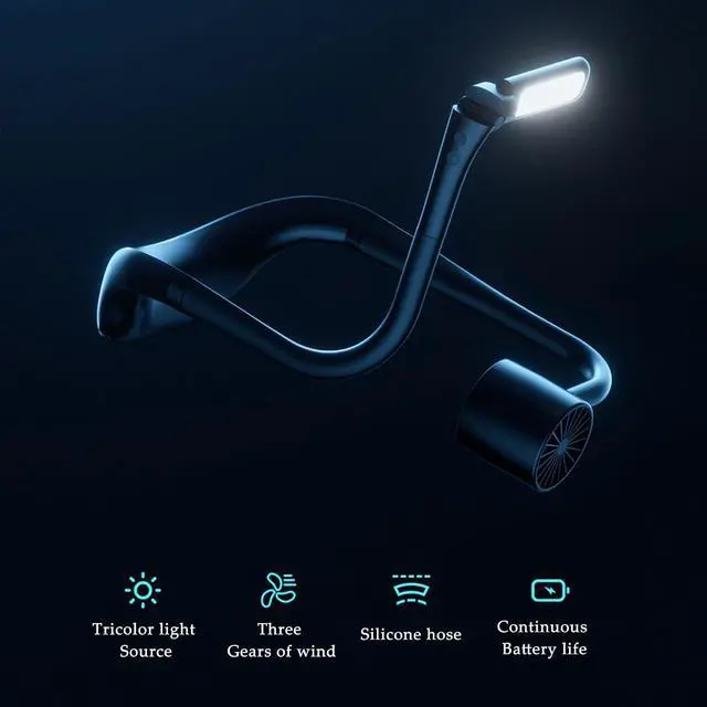 Alt view image 3 of 5 - Hanging Neck Fan with Lights, Portable Collapsible Neck Fan, USB Rechargeable Fan Handsfree Fan Tri-Colour Light, Low Noise, 3 Speeds, 4000mAh Battery (Color : Black)