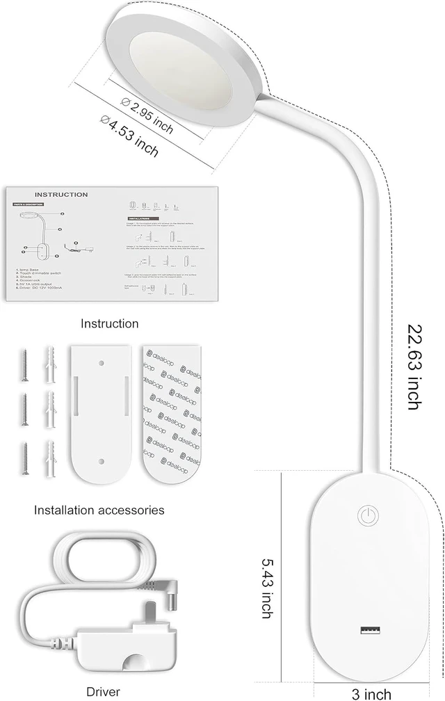Alt view image 5 of 6 - Wall Mounted Reading Light,Book Lights with USB Output, Reading Lamps for Board in 4 Hours Auto-Off, Touch Control Wall Lamp with 5 Dimmable Flexible Gooseneck Bedside Lamps White