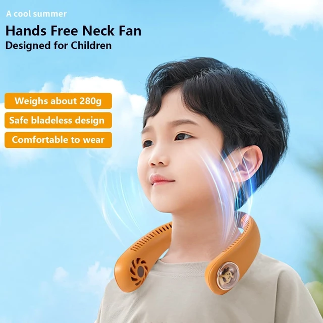 Alt view image 2 of 7 - Cute Cartoon Neck Fan for Kids Children Girls Boys, Portable USB Rechargeable Bladeless Neckband Fan with 3 Speeds & Night Light, Lightweight Hands Free Wearable Fan, Gift Orange