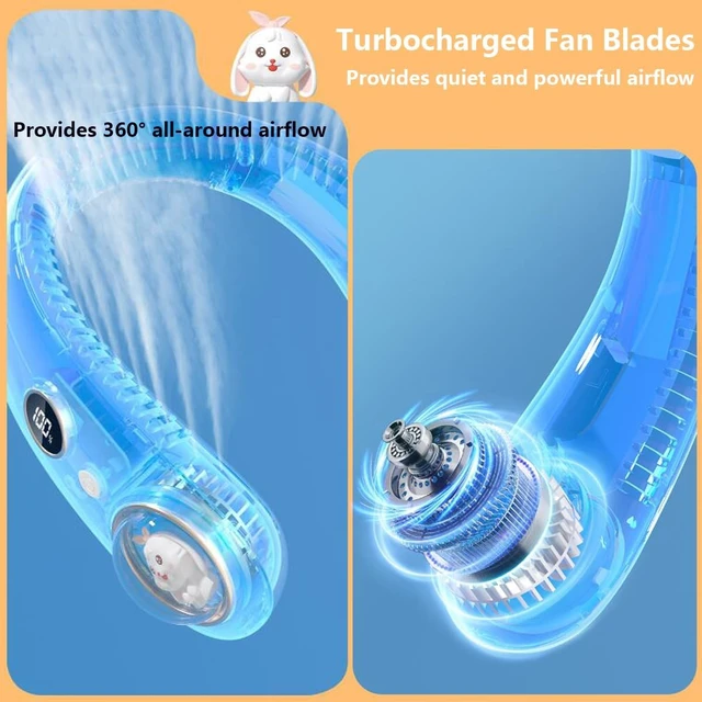 Alt view image 3 of 7 - Cute Cartoon Neck Fan for Kids Children Girls Boys, Portable USB Rechargeable Bladeless Neckband Fan with 3 Speeds & Night Light, Lightweight Hands Free Wearable Fan, Gift Orange
