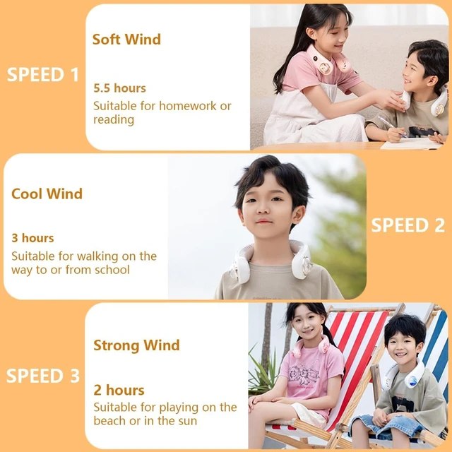 Alt view image 4 of 7 - Cute Cartoon Neck Fan for Kids Children Girls Boys, Portable USB Rechargeable Bladeless Neckband Fan with 3 Speeds & Night Light, Lightweight Hands Free Wearable Fan, Gift Orange