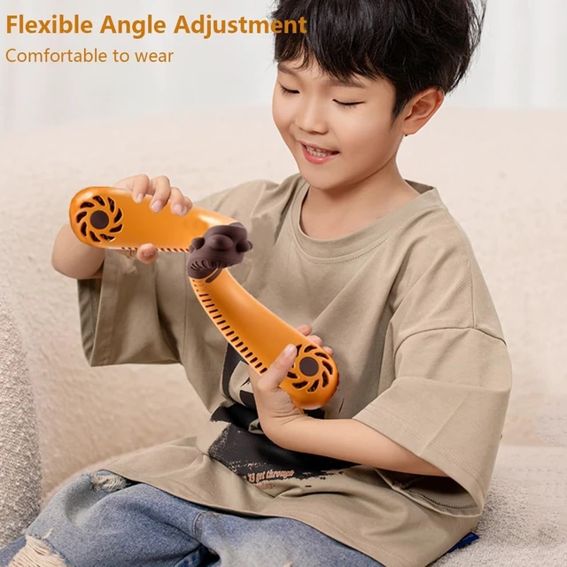 Alt view image 5 of 7 - Cute Cartoon Neck Fan for Kids Children Girls Boys, Portable USB Rechargeable Bladeless Neckband Fan with 3 Speeds & Night Light, Lightweight Hands Free Wearable Fan, Gift Orange