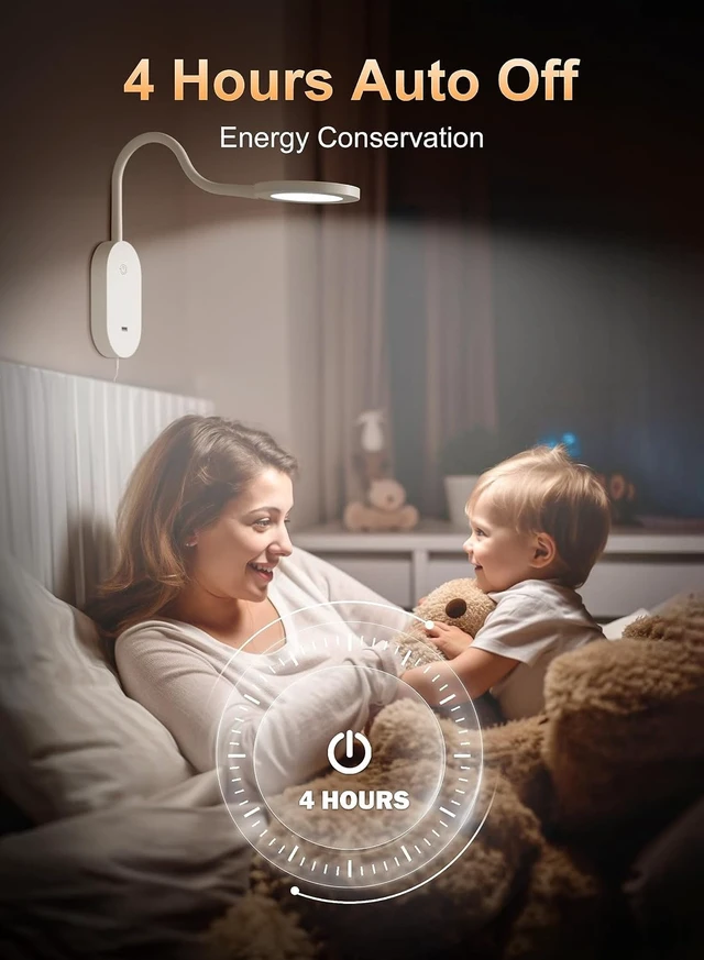 Alt view image 3 of 6 - Wall Mounted Reading Light,Book Lights with USB Output, Reading Lamps for Board in 4 Hours Auto-Off, Touch Control Wall Lamp with 5 Dimmable Flexible Gooseneck Bedside Lamps White