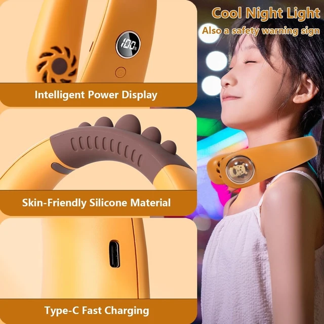 Alt view image 6 of 7 - Cute Cartoon Neck Fan for Kids Children Girls Boys, Portable USB Rechargeable Bladeless Neckband Fan with 3 Speeds & Night Light, Lightweight Hands Free Wearable Fan, Gift Orange