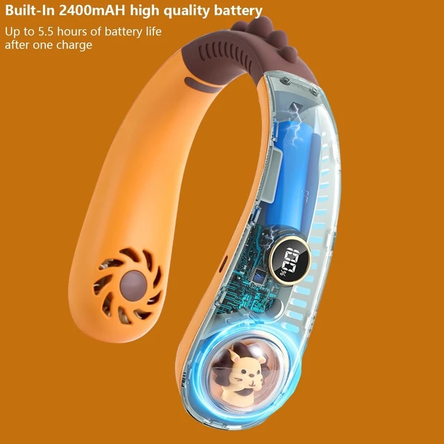 Alt view image 7 of 7 - Cute Cartoon Neck Fan for Kids Children Girls Boys, Portable USB Rechargeable Bladeless Neckband Fan with 3 Speeds & Night Light, Lightweight Hands Free Wearable Fan, Gift Orange