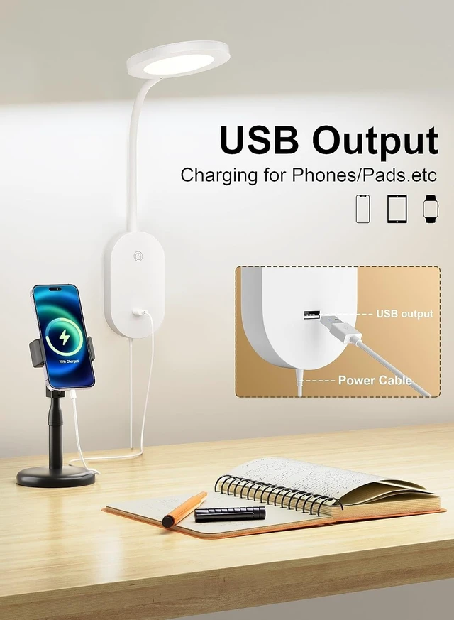 Alt view image 2 of 6 - Wall Mounted Reading Light,Book Lights with USB Output, Reading Lamps for Board in 4 Hours Auto-Off, Touch Control Wall Lamp with 5 Dimmable Flexible Gooseneck Bedside Lamps White