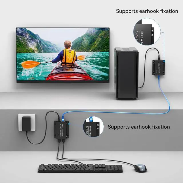 Alt view image 2 of 7 - USB Extender Over Ethernet USB 2.0 HUB RJ45 Cat5e/6, 196ft/60m, up to 480Mbps Transfer Rate No Driver Required Supports POC Power Supply, Supports Connecting Keyboard Mouse U Disk Printer etc.