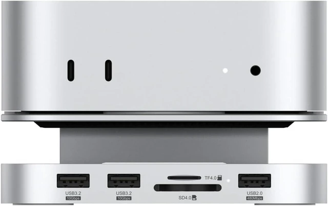 Main image of Qwiizlab Aluminum Stand Hub with SSD Enclosure, Docking Station for Mac mini M4/M4 Pro, 2 USB-A 10Gbps, TF/SD 4.0 Card Readers 312MB/s, USB-A 2.0, Fits M.2 NVMe SSD up to 8TB (Silver)