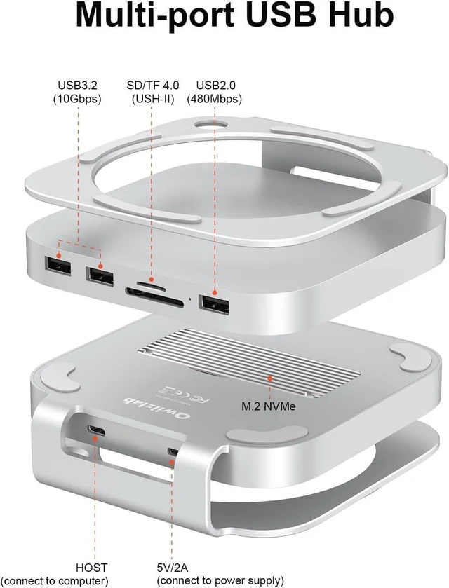 Alt view image 4 of 7 - Qwiizlab Aluminum Stand Hub with SSD Enclosure, Docking Station for Mac mini M4/M4 Pro, 2 USB-A 10Gbps, TF/SD 4.0 Card Readers 312MB/s, USB-A 2.0, Fits M.2 NVMe SSD up to 8TB (Silver)