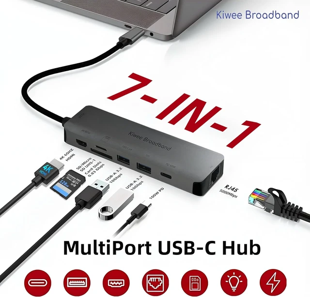 Alt view image 2 of 7 - Kiwee Broadband 7-in-1 USB-C Hub with 5Gbps Ethernet, 100W PD Charging, 4K HDMI, 2 USB-A 3.2 Ports, SD/MicroSD Card Reader, Universal Dock for MacBook, Windows Laptop, iPad, Chromebook (KB-USBC-5GH7)