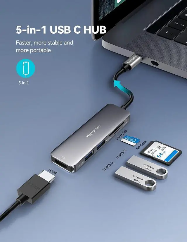 Alt view image 2 of 7 - 5-in-1 USB C Hub Multiport Adapter with USB 3.0 Ports SD/TF Card Reader, USB C to HDMI Adapter(4K@30Hz), USB C Hub Compatible with MacBook Pro, USB C Laptops and Other Type C Devices