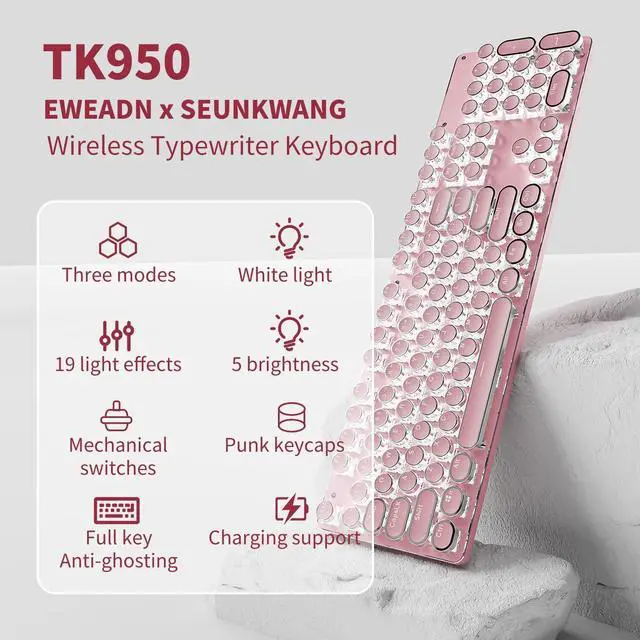 Alt view image 2 of 7 - TK950 Wireless Typewriter Keyboard and Mouse Combo, 104 Keys Retro Typewriter Mechanical Keyboard with White Backlit, Anti-Ghosting, Blue Switch, Bluetooth/2.4G/Wired Cute Gaming Keyboards-Pink