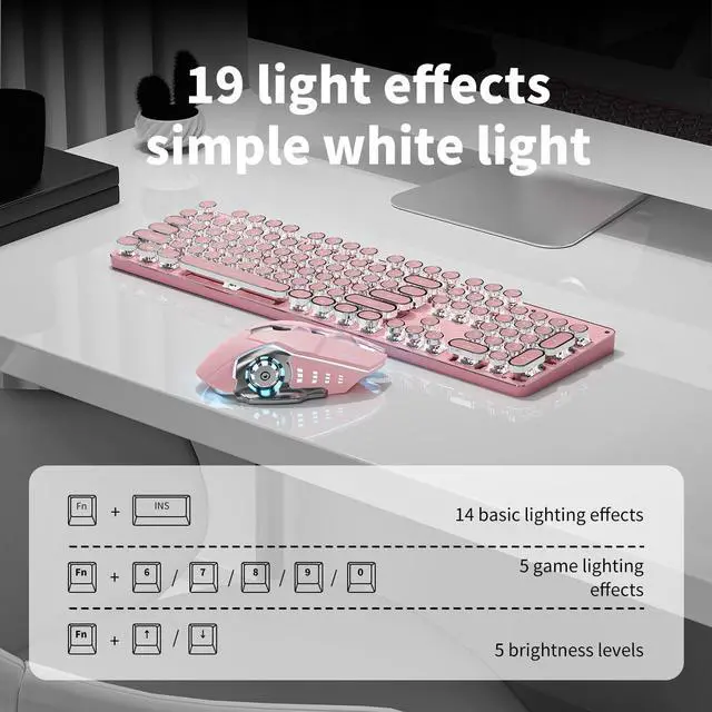 Alt view image 4 of 7 - TK950 Wireless Typewriter Keyboard and Mouse Combo, 104 Keys Retro Typewriter Mechanical Keyboard with White Backlit, Anti-Ghosting, Blue Switch, Bluetooth/2.4G/Wired Cute Gaming Keyboards-Pink