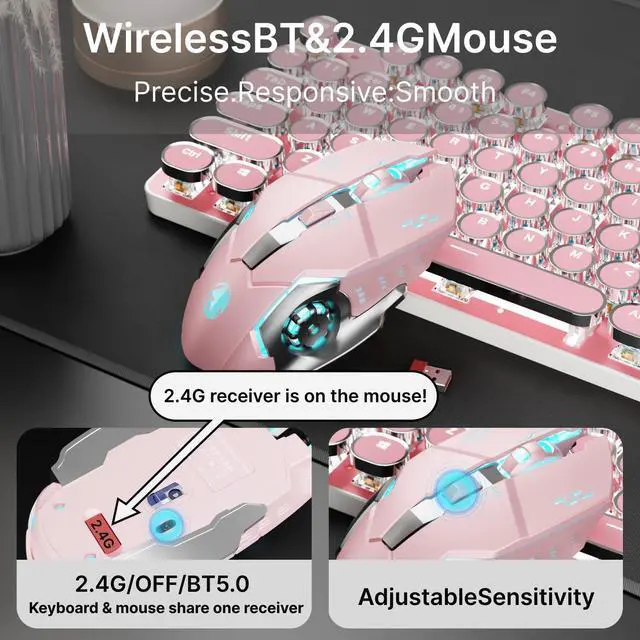 Alt view image 6 of 7 - TK950 Wireless Typewriter Keyboard and Mouse Combo, 104 Keys Retro Typewriter Mechanical Keyboard with White Backlit, Anti-Ghosting, Blue Switch, Bluetooth/2.4G/Wired Cute Gaming Keyboards-Pink