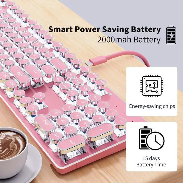 Alt view image 7 of 7 - TK950 Wireless Typewriter Keyboard and Mouse Combo, 104 Keys Retro Typewriter Mechanical Keyboard with White Backlit, Anti-Ghosting, Blue Switch, Bluetooth/2.4G/Wired Cute Gaming Keyboards-Pink