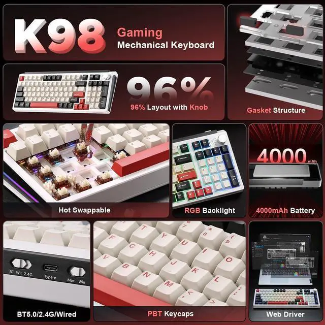 Alt view image 2 of 7 - K98 Wireless Mechanical Keyboard,Tri-Mode BT5.0/2.4GHz/USB-C Hot Swappable Custom Keyboard,Gasket Structure,RGB Backlit Gaming Keyboard for Win & Mac(White&Red,Cocoa-V2 Switch)