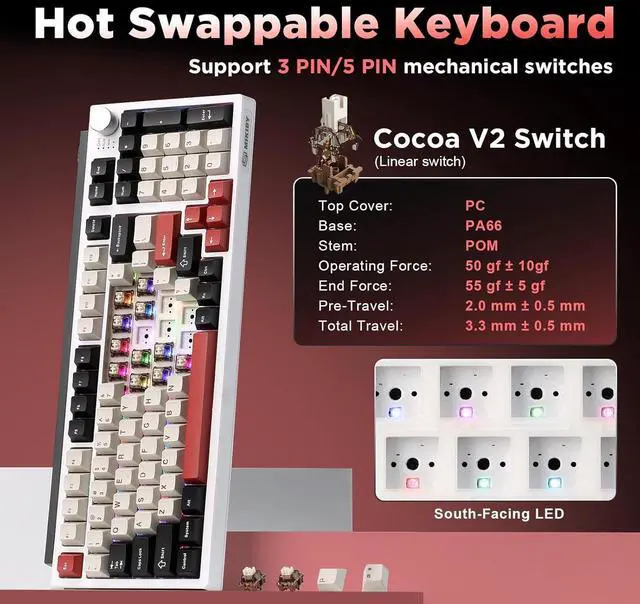 Alt view image 5 of 7 - K98 Wireless Mechanical Keyboard,Tri-Mode BT5.0/2.4GHz/USB-C Hot Swappable Custom Keyboard,Gasket Structure,RGB Backlit Gaming Keyboard for Win & Mac(White&Red,Cocoa-V2 Switch)