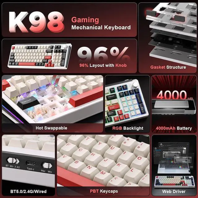 Alt view image 2 of 7 - K98 Wireless Mechanical Keyboard,Tri-Mode BT5.0/2.4GHz/USB-C Hot Swappable Custom Keyboard,Gasket Structure,RGB Backlit Gaming Keyboard for Win & Mac(White&Red,Milk-V2 Switch)