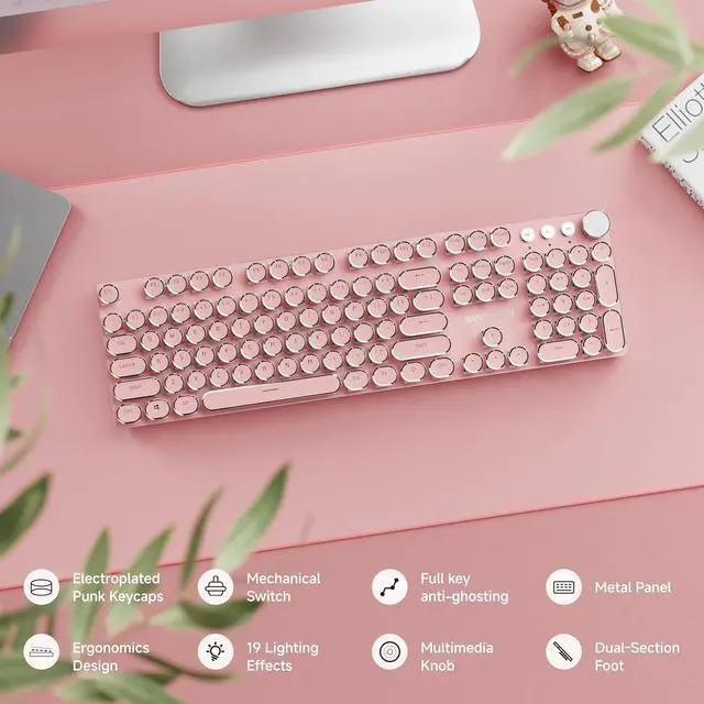 Alt view image 2 of 6 - EWEADN Typewriter Style Mechanical Keyboard, Wired Typewriter Keyboards,104 Keys Backlit LED Metal Keyboards, Media Control Knob, Wired Computer Keyboard White Switch for Windows/Mac/PC-Dark Pink