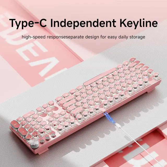 Alt view image 3 of 6 - EWEADN Typewriter Style Mechanical Keyboard, Wired Typewriter Keyboards,104 Keys Backlit LED Metal Keyboards, Media Control Knob, Wired Computer Keyboard White Switch for Windows/Mac/PC-Dark Pink