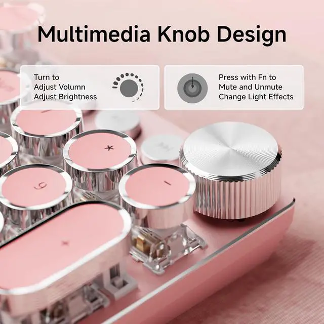 Alt view image 5 of 6 - EWEADN Typewriter Style Mechanical Keyboard, Wired Typewriter Keyboards,104 Keys Backlit LED Metal Keyboards, Media Control Knob, Wired Computer Keyboard White Switch for Windows/Mac/PC-Dark Pink