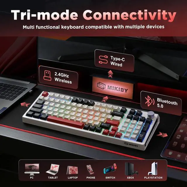 Alt view image 3 of 7 - K98 Wireless Mechanical Keyboard,Tri-Mode BT5.0/2.4GHz/USB-C Hot Swappable Custom Keyboard,Gasket Structure,RGB Backlit Gaming Keyboard for Win & Mac(White&Red,Milk-V2 Switch)