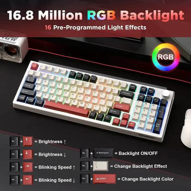 Alt view image 6 of 7 - K98 Wireless Mechanical Keyboard,Tri-Mode BT5.0/2.4GHz/USB-C Hot Swappable Custom Keyboard,Gasket Structure,RGB Backlit Gaming Keyboard for Win & Mac(White&Red,Milk-V2 Switch)