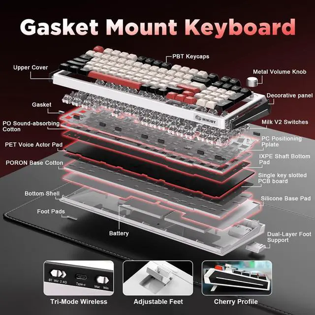 Alt view image 4 of 7 - K98 Wireless Mechanical Keyboard,Tri-Mode BT5.0/2.4GHz/USB-C Hot Swappable Custom Keyboard,Gasket Structure,RGB Backlit Gaming Keyboard for Win & Mac(White&Red,Milk-V2 Switch)