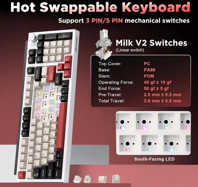 Alt view image 5 of 7 - K98 Wireless Mechanical Keyboard,Tri-Mode BT5.0/2.4GHz/USB-C Hot Swappable Custom Keyboard,Gasket Structure,RGB Backlit Gaming Keyboard for Win & Mac(White&Red,Milk-V2 Switch)