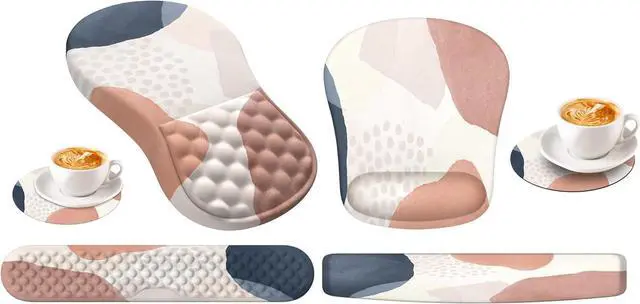 Main image of HAOCOO Ergonomic Mouse Pad with Wrist Rest and Keyboard Wrist Rest, 6 PCS Computer Carpal Tunnel Mouse Pads for Desk with Coaster Set, Memory Foam Keyboard Wrist Support for Home Office, Boho Pink Nav
