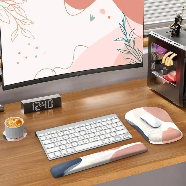 Alt view image 7 of 7 - HAOCOO Ergonomic Mouse Pad with Wrist Rest and Keyboard Wrist Rest, 6 PCS Computer Carpal Tunnel Mouse Pads for Desk with Coaster Set, Memory Foam Keyboard Wrist Support for Home Office, Boho Pink Nav