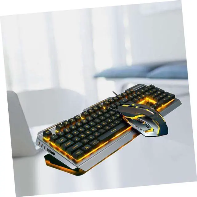Alt view image 4 of 7 - Cool Yellow LED Backlit Mechanical Keyboard and Gamer Mouse USB Wired High-Elastic Floating Keys Metal Panel Sandblasted Finish with Multimedia Shortcut Functions for Gaming