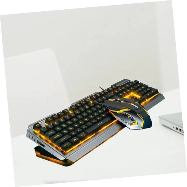 Alt view image 2 of 7 - USB Mechanical Keyboard and Gamer Mouse with Cool Yellow LED Backlight Tungsten Golden Metal Panel High-Elastic Floating Keys Multimedia Shortcut Functions for Gaming