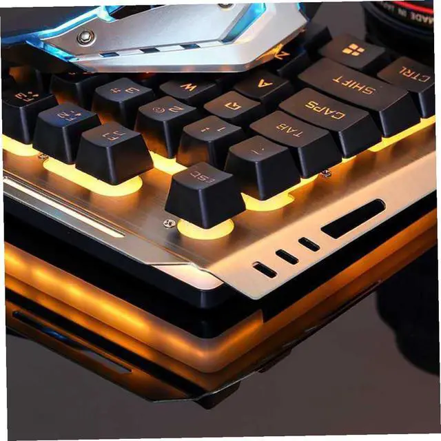 Alt view image 4 of 7 - USB Mechanical Keyboard and Gamer Mouse with Cool Yellow LED Backlight Tungsten Golden Metal Panel High-Elastic Floating Keys Multimedia Shortcut Functions for Gaming