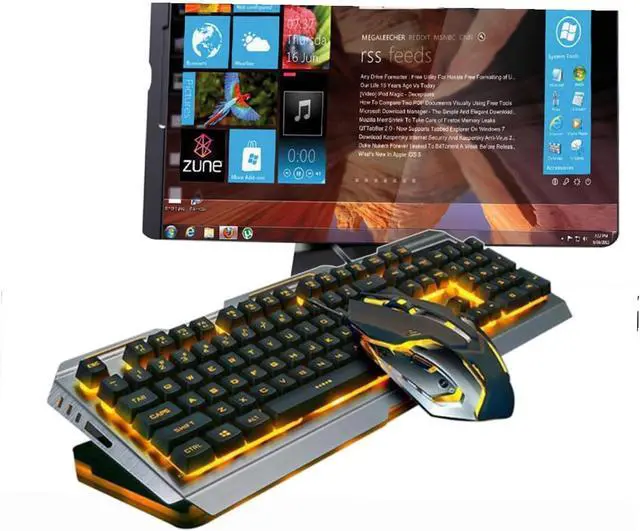 Alt view image 7 of 7 - USB Mechanical Keyboard and Gamer Mouse with Cool Yellow LED Backlight Tungsten Golden Metal Panel High-Elastic Floating Keys Multimedia Shortcut Functions for Gaming