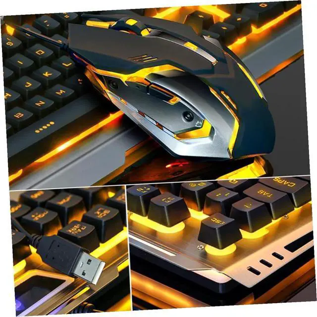 Alt view image 6 of 7 - USB Mechanical Keyboard and Gamer Mouse with Cool Yellow LED Backlight Tungsten Golden Metal Panel High-Elastic Floating Keys Multimedia Shortcut Functions for Gaming