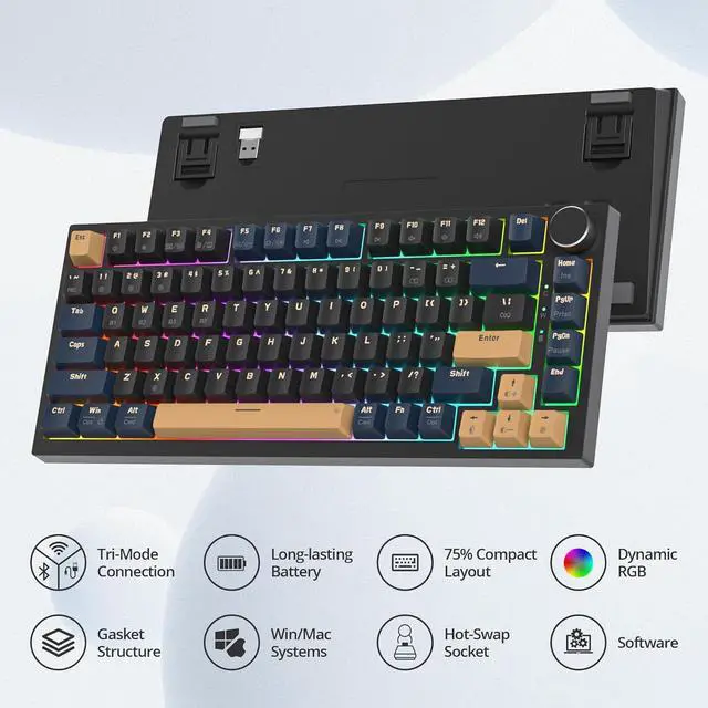 Alt view image 2 of 7 - 400PRO 75% Wireless Black Blue Gaming Keyboard, Gasket Hot Swappable RGB Mechanical Keyboard, Bluetooth/2.4GHz/USB-C Thocky Keyboard with Pre-lubed Cream Grey Switches (82 Black Blue-B)