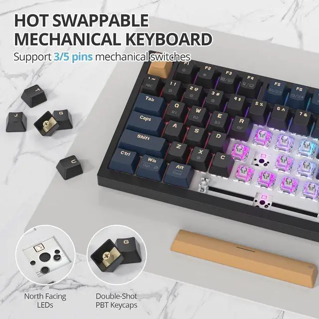 Alt view image 3 of 7 - 400PRO 75% Wireless Black Blue Gaming Keyboard, Gasket Hot Swappable RGB Mechanical Keyboard, Bluetooth/2.4GHz/USB-C Thocky Keyboard with Pre-lubed Cream Grey Switches (82 Black Blue-B)