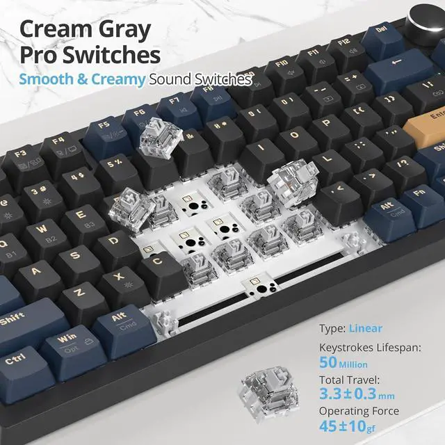 Alt view image 4 of 7 - 400PRO 75% Wireless Black Blue Gaming Keyboard, Gasket Hot Swappable RGB Mechanical Keyboard, Bluetooth/2.4GHz/USB-C Thocky Keyboard with Pre-lubed Cream Grey Switches (82 Black Blue-B)