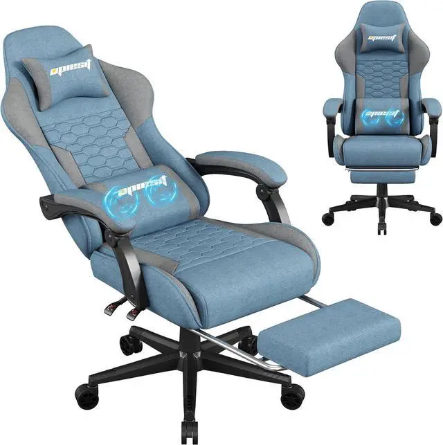 Main image of Gaming Chair, Computer Chairs for Adults with Lumbar Support and Massager, Comfortable Gamer Chair with Footrest & Pocket Spring Cushion, Ergonomic Home Office Chair, Blue, Fabric