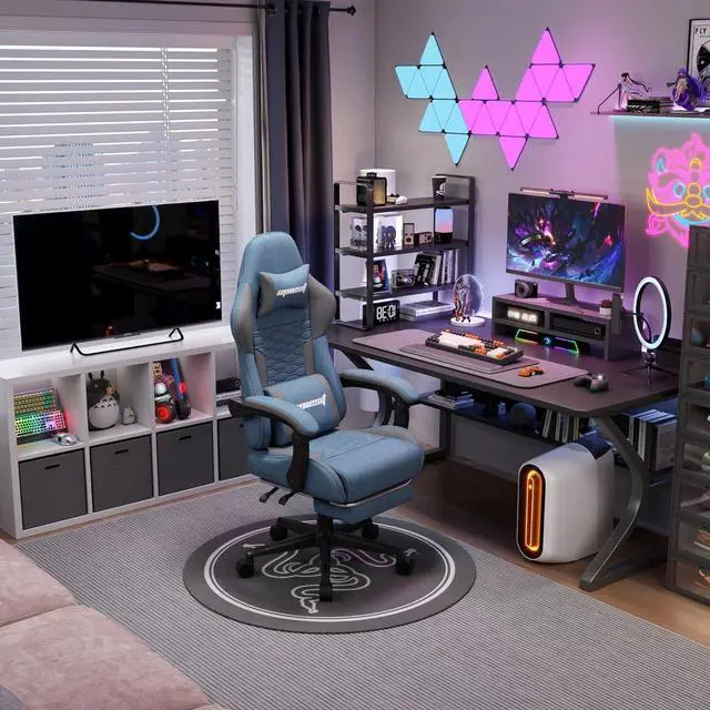 Alt view image 2 of 7 - Gaming Chair, Computer Chairs for Adults with Lumbar Support and Massager, Comfortable Gamer Chair with Footrest & Pocket Spring Cushion, Ergonomic Home Office Chair, Blue, Fabric