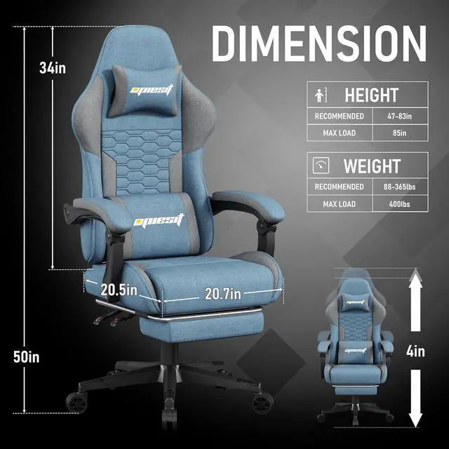 Alt view image 3 of 7 - Gaming Chair, Computer Chairs for Adults with Lumbar Support and Massager, Comfortable Gamer Chair with Footrest & Pocket Spring Cushion, Ergonomic Home Office Chair, Blue, Fabric
