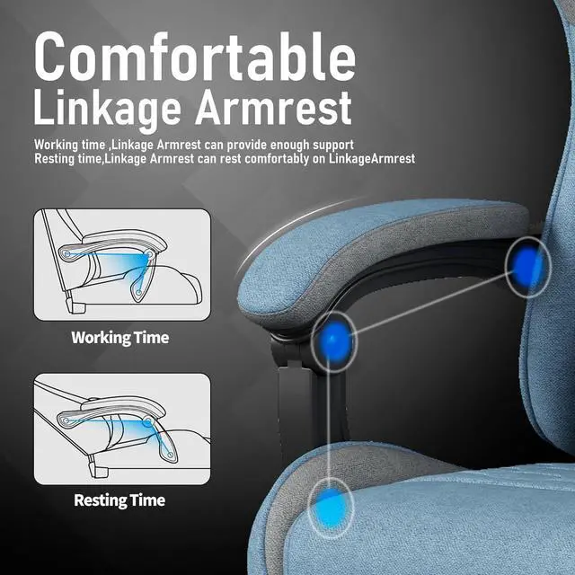Alt view image 4 of 7 - Gaming Chair, Computer Chairs for Adults with Lumbar Support and Massager, Comfortable Gamer Chair with Footrest & Pocket Spring Cushion, Ergonomic Home Office Chair, Blue, Fabric