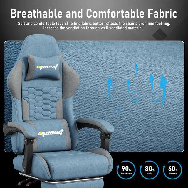 Alt view image 5 of 7 - Gaming Chair, Computer Chairs for Adults with Lumbar Support and Massager, Comfortable Gamer Chair with Footrest & Pocket Spring Cushion, Ergonomic Home Office Chair, Blue, Fabric