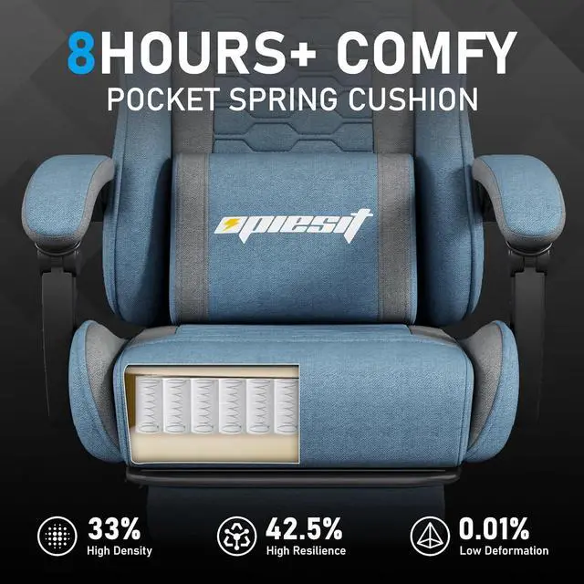 Alt view image 6 of 7 - Gaming Chair, Computer Chairs for Adults with Lumbar Support and Massager, Comfortable Gamer Chair with Footrest & Pocket Spring Cushion, Ergonomic Home Office Chair, Blue, Fabric