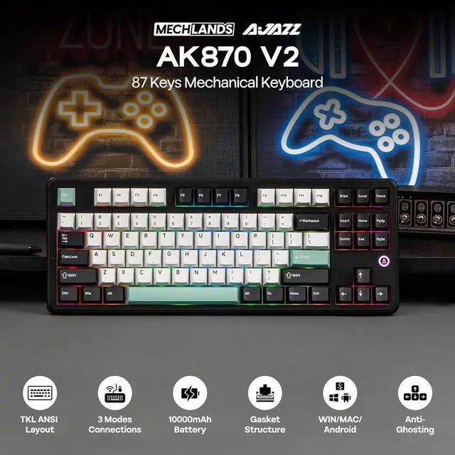 Alt view image 2 of 7 - MechLands AJAZZ AK870 V2 TKL Gasket Mechanical Keyboard, BT5.0/2.4GHz/USB-C Wireless Gaming Keyboard with 10000mAh Battery, RGB Backlits, 5-Layer Padding, NKRO for Win/Mac (Black Green)